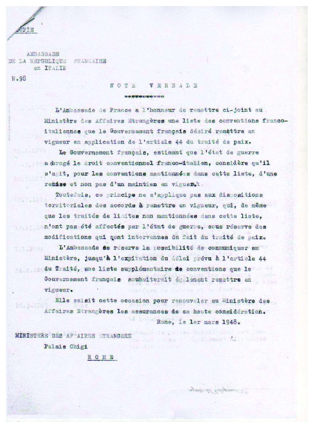 Note Verbale Du 1er Mars 1948 TAT De SAVOIE